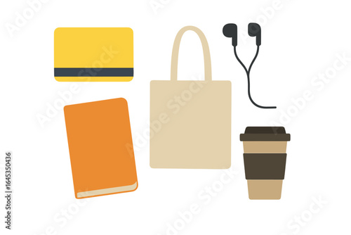 Everyday essentials for students and commuters including a tote bag, notebook, coffee, and headphones