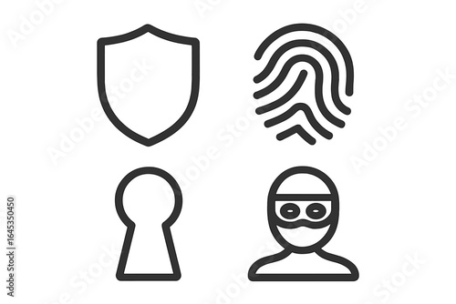 Illustration depicting security concepts such as a shield, fingerprint, keyhole, and masked figure in a modern style