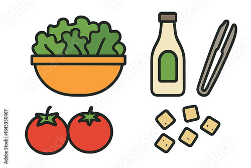 Fresh salad ingredients including lettuce, tomatoes, dressing bottle, and croutons on a bright background