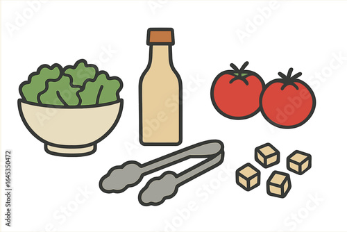 Fresh ingredients for a healthy salad preparation on a white background with colorful elements