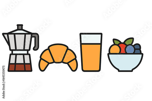Delicious breakfast items including coffee, croissant, juice, and fresh fruit served in a cozy kitchen setting
