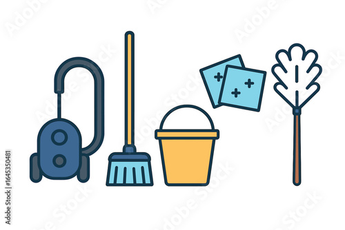 Cleaning tools including a vacuum cleaner, broom, bucket, cloths, and duster displayed on a simple background