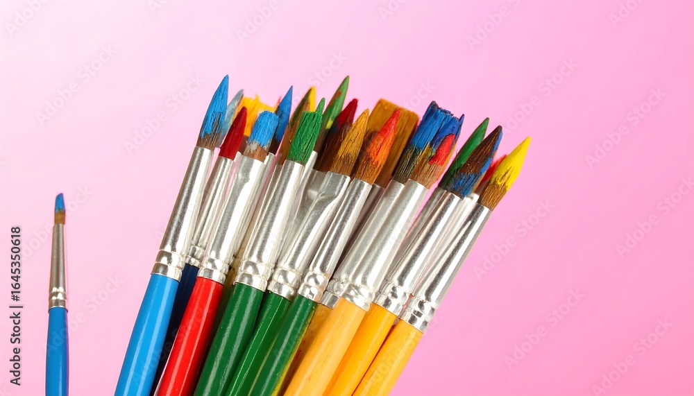 Fototapeta premium Colorful Paintbrushes Against Pink Background