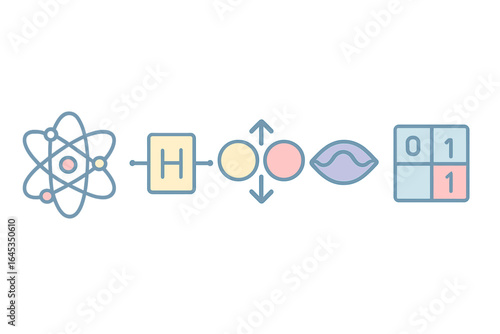 Symbols representing science, technology, and data concepts in a colorful graphic design suitable for educational purposes