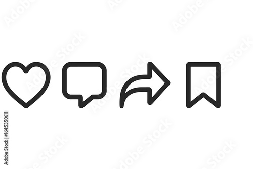 Social media interaction icons representing engagement, communication, sharing, and saving content