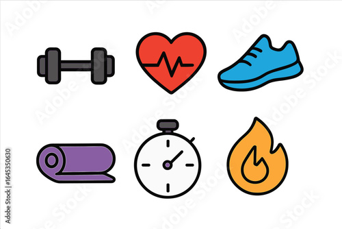 Workout symbols depicting fitness tools, health metrics, and exercise motivation for an active lifestyle