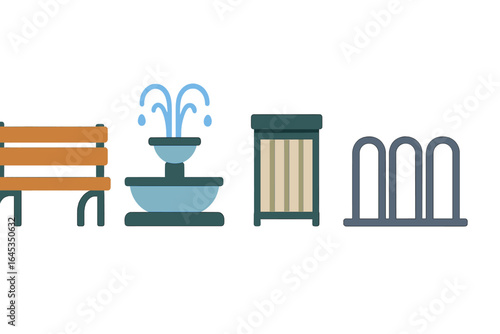 Park elements including a bench, fountain, trash can, and bicycle rack in a public space