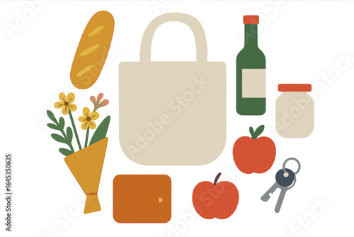 Grocery shopping essentials illustrated with a tote bag, fresh produce, flowers, and everyday items
