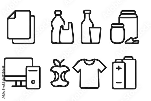 Collection of recycling symbols representing various materials found in daily waste across urban environments