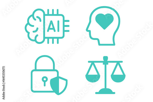 Exploring artificial intelligence ethics with icons representing brain, heart, security, and justice in a modern design