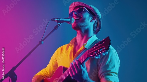 Vibrant Musician Serenades Under Neon Lights, Singing with Acoustic Guitar