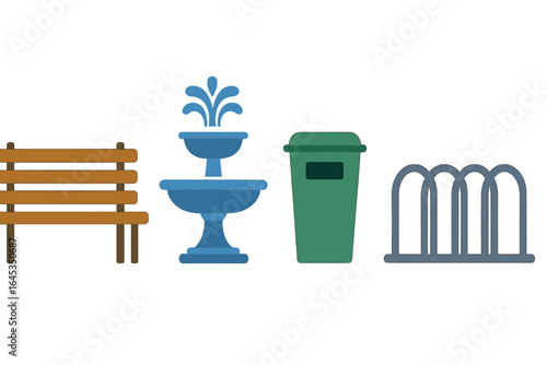 Park features showcasing seating, a fountain, trash can, and bike rack along a walkway in a vibrant outdoor space