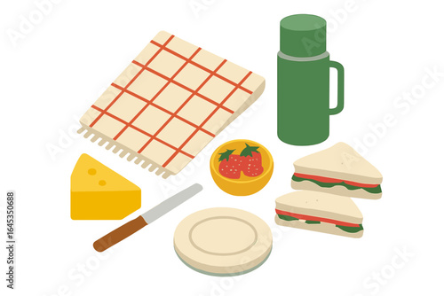 Picnic setup with sandwiches, fruit, cheese, and a thermos in a cozy outdoor setting during a sunny afternoon