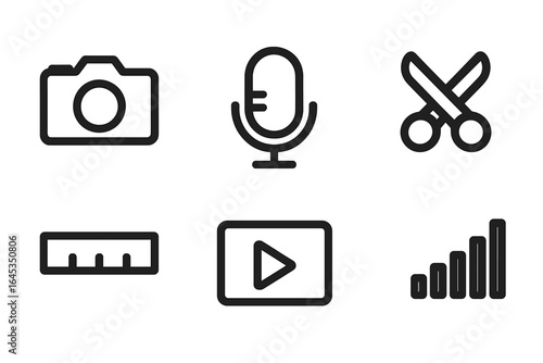 Icons representing photography, audio recording, editing, and media playback in minimalistic design