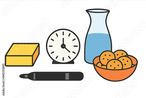 Baking setup with timer, butter, water jug, and bowl of cookies ready for preparation