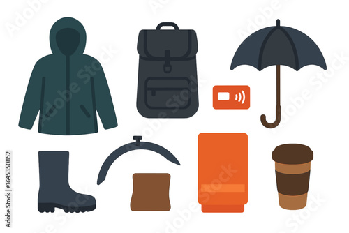 Weather essentials for outdoor adventures with backpack, rain gear, and hot beverage