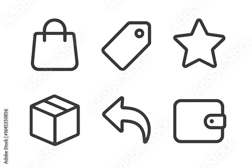 Various icons representing shopping, packaging, and transactions in a minimalist style suitable for online retail platforms