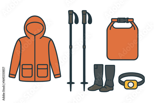 Explore nature with essential outdoor gear including a jacket, boots, walking poles, and a headlamp for safety