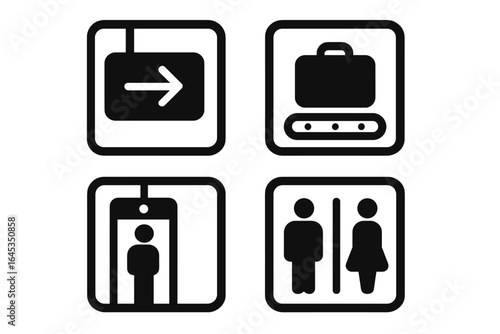 Wayfinding symbols in a transport hub guide travelers towards baggage claim, elevators, and restrooms for easier navigation