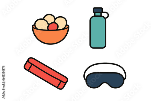 Various items associated with relaxation and recreation including snacks and hydration essentials