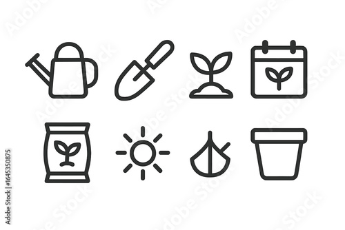 Gardening tools and symbols illustrate the essentials of plant care and cultivation in a sunny environment