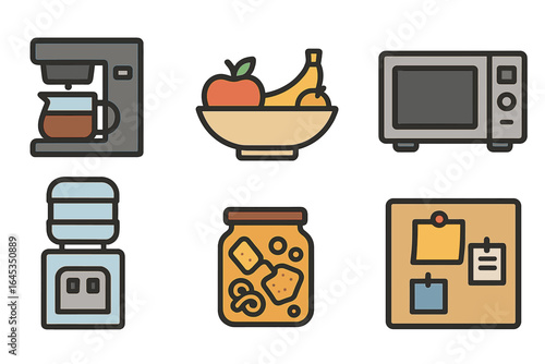Coffee maker and kitchen essentials arranged neatly on the countertop with snacks and fruits visible in a cozy setting