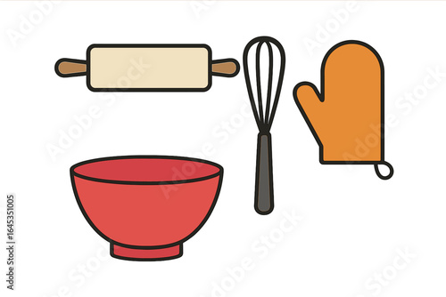 Kitchen tools ready for baking cookies with a red bowl, rolling pin, whisk, and oven mitt on a clean surface