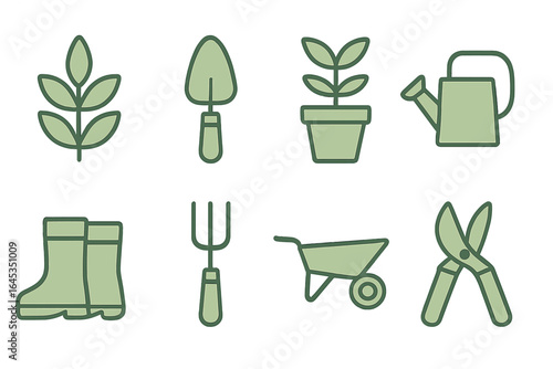 Gardening tools and plants presented in a minimalist style with a focus on sustainable gardening practices