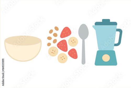Preparation of a healthy smoothie with fruits, nuts, and bowl on a clean kitchen countertop in natural lighting