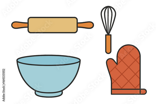 Kitchen utensils including a rolling pin, mixing bowl, whisk, and oven mitt ready for baking tasks and culinary creations