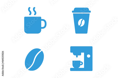 Creative coffee icons representing steaming mug, takeout cup, coffee bean, and espresso machine in a minimalist design