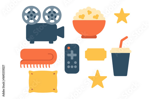 Movie night essentials including popcorn, blanket, and film projector for a cozy evening