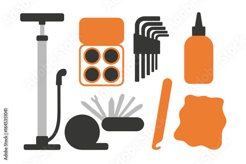 Various bicycle repair tools and accessories for maintaining bikes at home or on the go