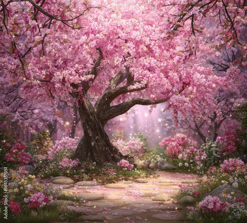 A magical, blossoming cherry blossom forest path