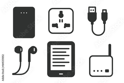 Collection of electronic accessories on a white background showcasing essential mobile devices for modern communication