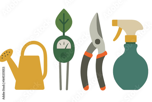 Gardening tools arranged neatly showing a watering can, leaf moisture meter, pruning shears, and spray bottle for plant care