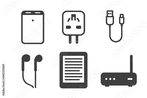 Collection of electronic accessories including power bank, earphones, charger, USB cable, e-reader, and router on a neutral background