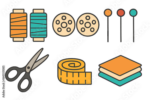 Craft supplies for sewing and quilting displayed with scissors, thread spools, fabric layers, and pins