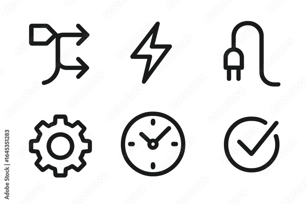 Fototapeta premium Symbols representing technology and efficiency with arrows, lightning, plug, gear, clock, and check mark on a clean background