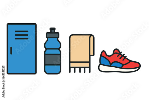 Essential gym gear includes a locker, water bottle, towel, and running shoes for an effective workout session