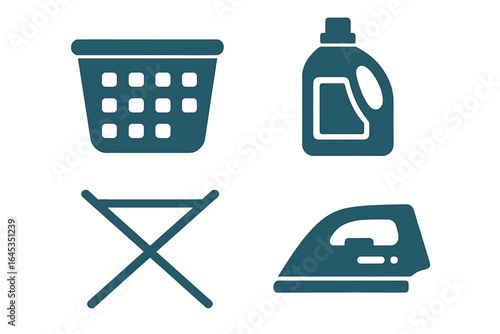 Laundry essentials including basket, detergent, drying rack, and iron for efficient home care tasks