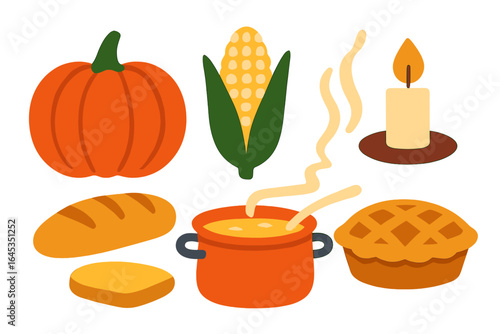Fall harvest elements with pumpkin, corn, bread, candle, and pie in autumn setting