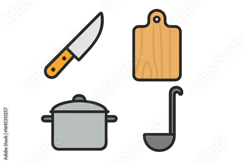 Essential kitchen tools for cooking and food preparation with knife, chopping board, pot, and ladle