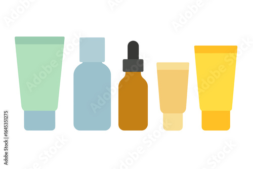 Diverse collection of cosmetic containers arranged on a white background showcasing skincare essentials for daily use