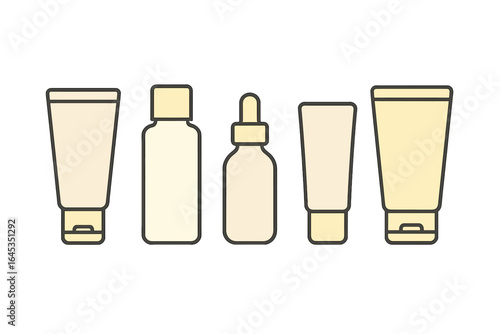Collection of skincare product containers arranged neatly on a white background showing different shapes and sizes