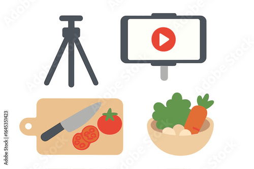 Cooking video setup with fresh vegetables, knife, and smartphone to showcase delicious recipes