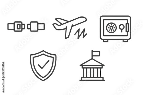 Symbols representing travel safety and security measures during flights and in public spaces