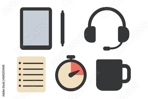 Items commonly used for remote work including a tablet, headset, notepad, stopwatch, and coffee mug
