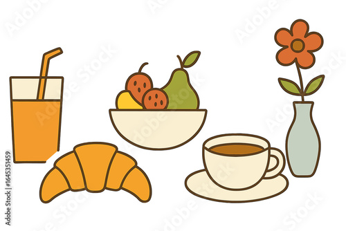 Colorful breakfast spread featuring fruits, croissant, coffee, and juice on a simple table