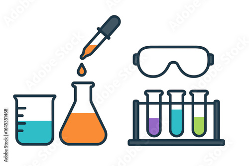 Laboratory experiment showing various glassware with colored liquids and a dropper, illustrating scientific research and analysis